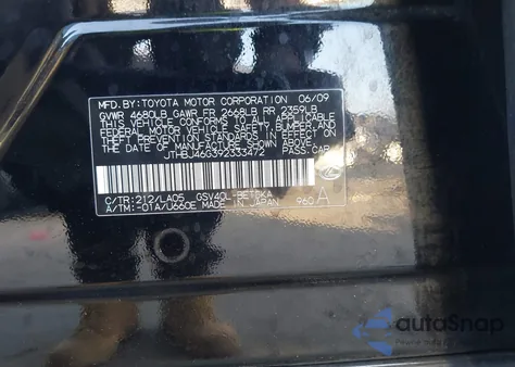 2009 Lexus Es 350 z USA, uszkodzony, nr VIN JTHBJ46G392333472